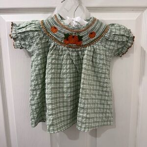 LIL CACTUS Green Plaid Kids Shirt/Dress with Pumpkin Embroidery Halloween Fall